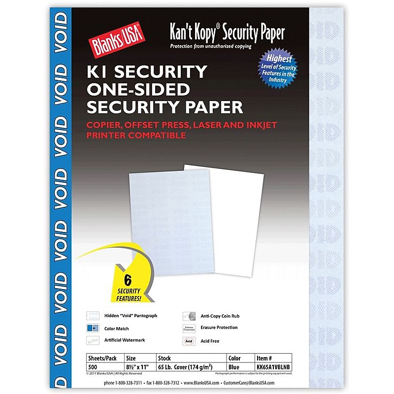 Blanks USA Kan't Kopy 8.5" x 11" Security Paper, 60 lbs., Blue, 500 Sheets/Ream (KK65A1VBLNB) image 1