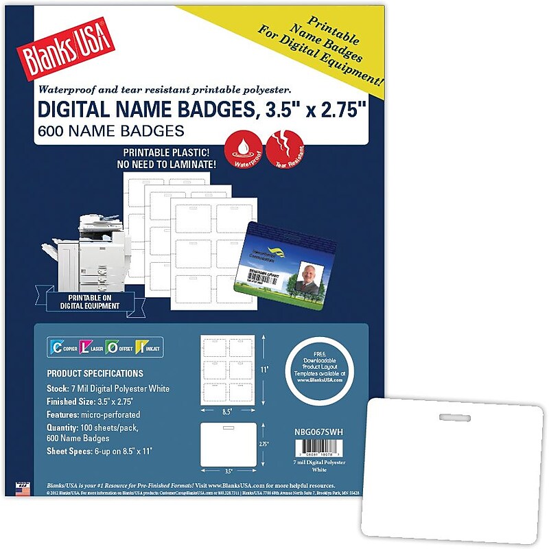 Blanks/USA® 3 1/2" x 2 3/4" Digital Name Tag, White, 100/Pack image 1