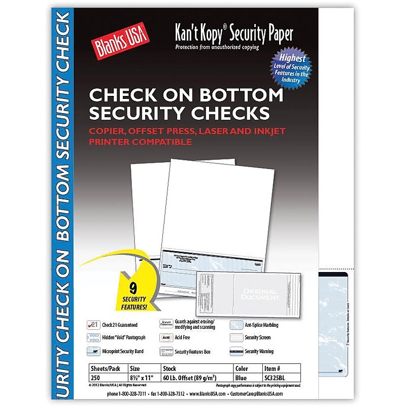 Kan't Kopy® Blank/USA® 8 1/2" x 11" 60 lbs. Security Check on Bottom Paper, Void Blue, 250/Pack image 1