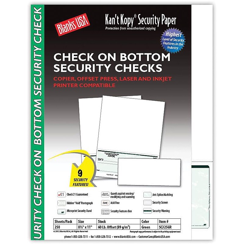 Kan't Kopy® Blank/USA® 8 1/2" x 11" 60 lbs. Security Check on Bottom Paper, Void Green, 250/Pack image 1
