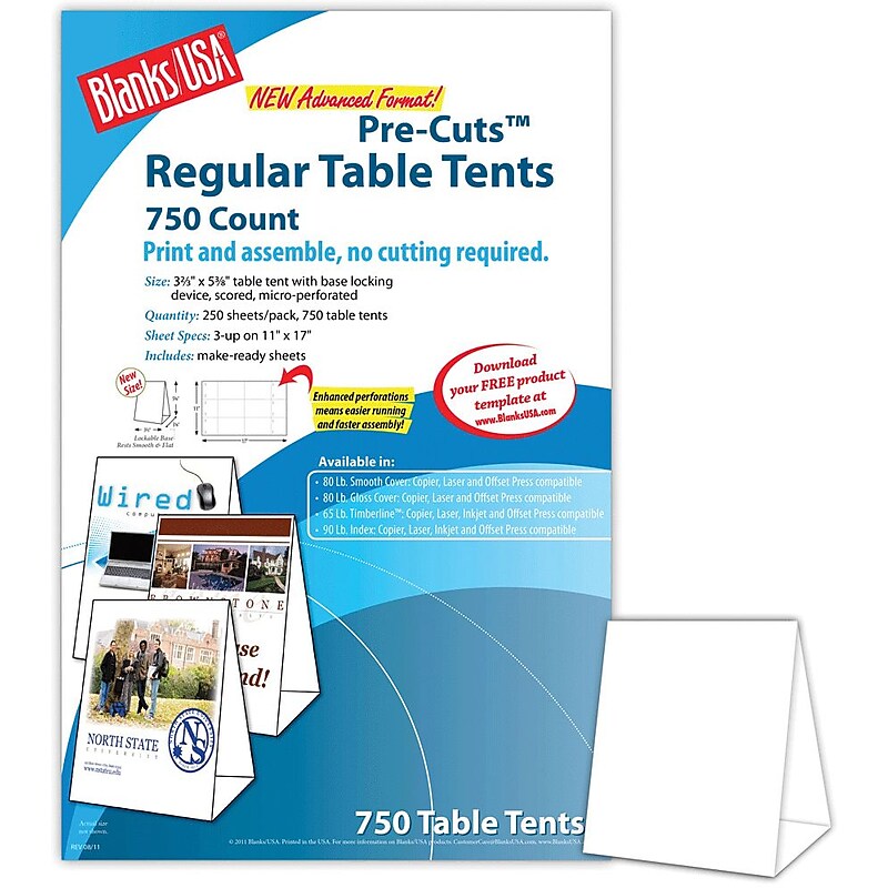Blanks/USA® 3.67" x 3 1/8" x 5 3/8" 80 lbs. Digital Table Tent, White, 750/Pack image 1