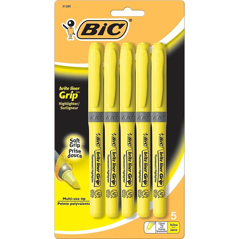 BIC Brite Liner Grip™ Highlighters, Yellow, 5 Pack