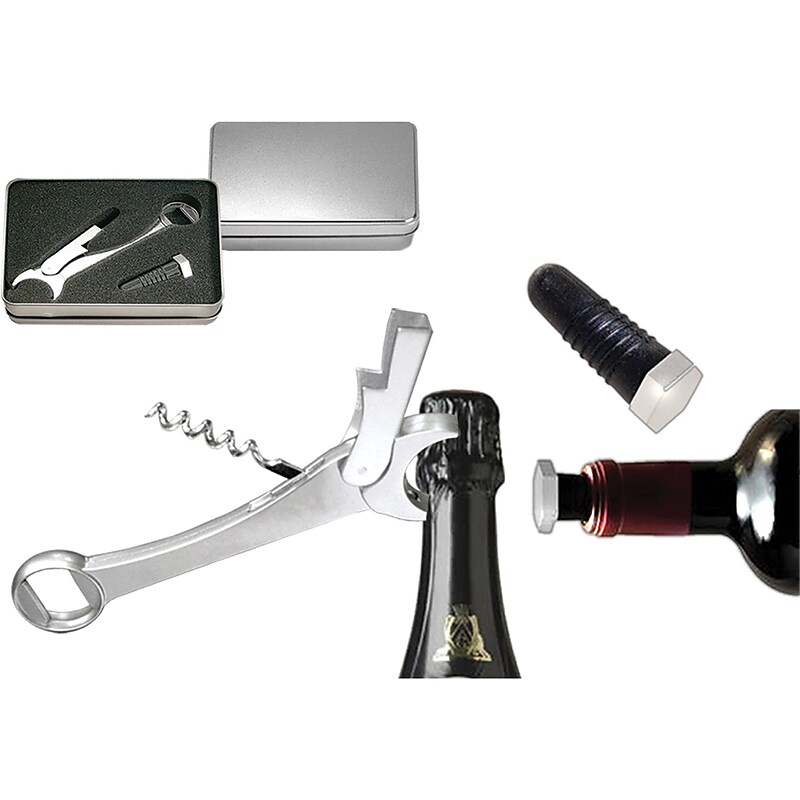Natico Polished Silver Metal Wrench Bottle Opener and Stopper Set image 1