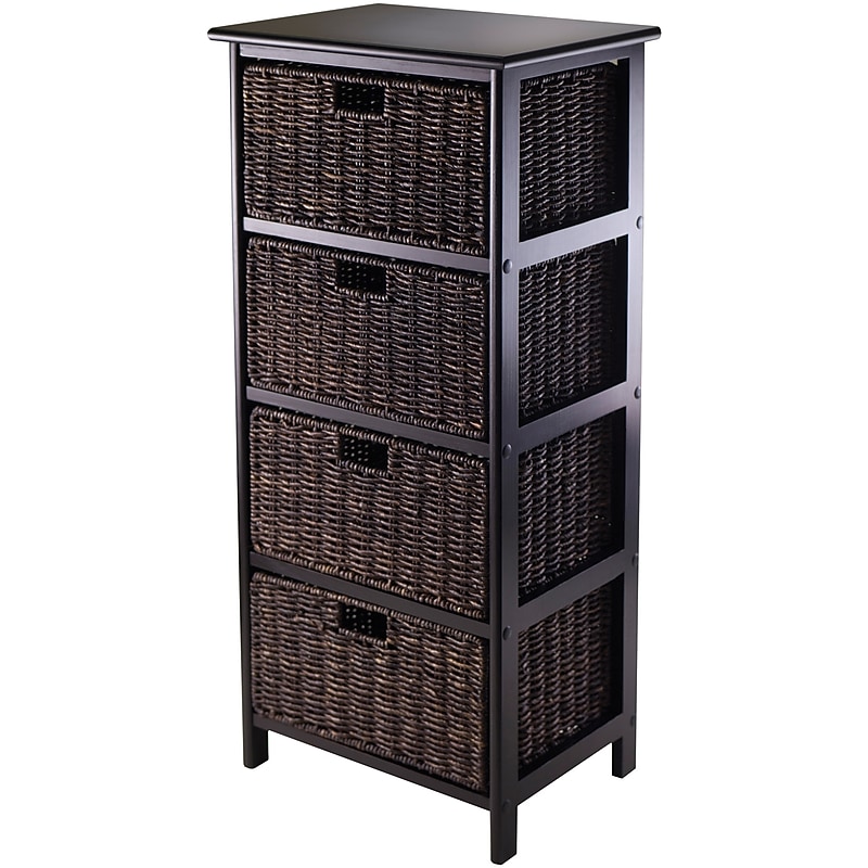 Winsome Omaha Composite Wood Storage Rack With 4 Foldable Corn Husk Baskets, Black (20418) image 1