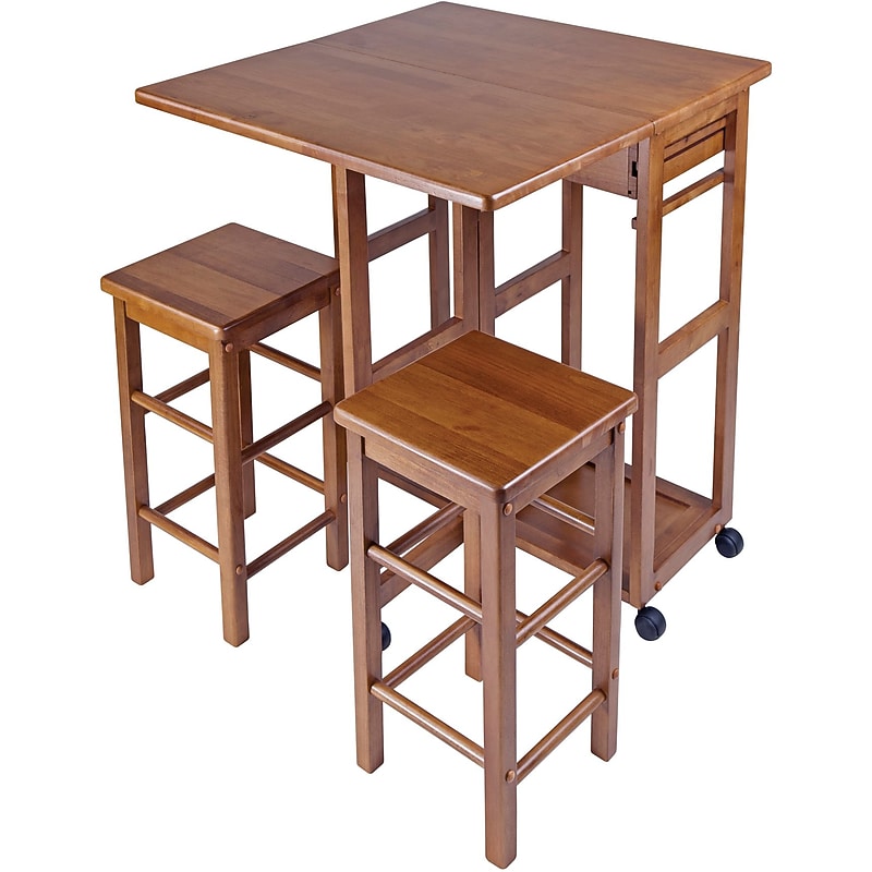 Winsome 32.76" x 29.61" x 29.13" Wood Rectangular Kitchen Bar Cart With 2 Stools, Teak (39330) image 1
