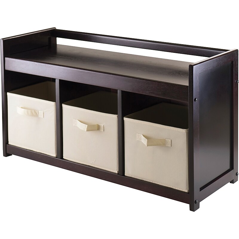 Winsome Addison Solid/Composite Wood 4-Piece Storage Bench With 3 Foldable Fabric Baskets, Espresso/Beige (92701) image 1