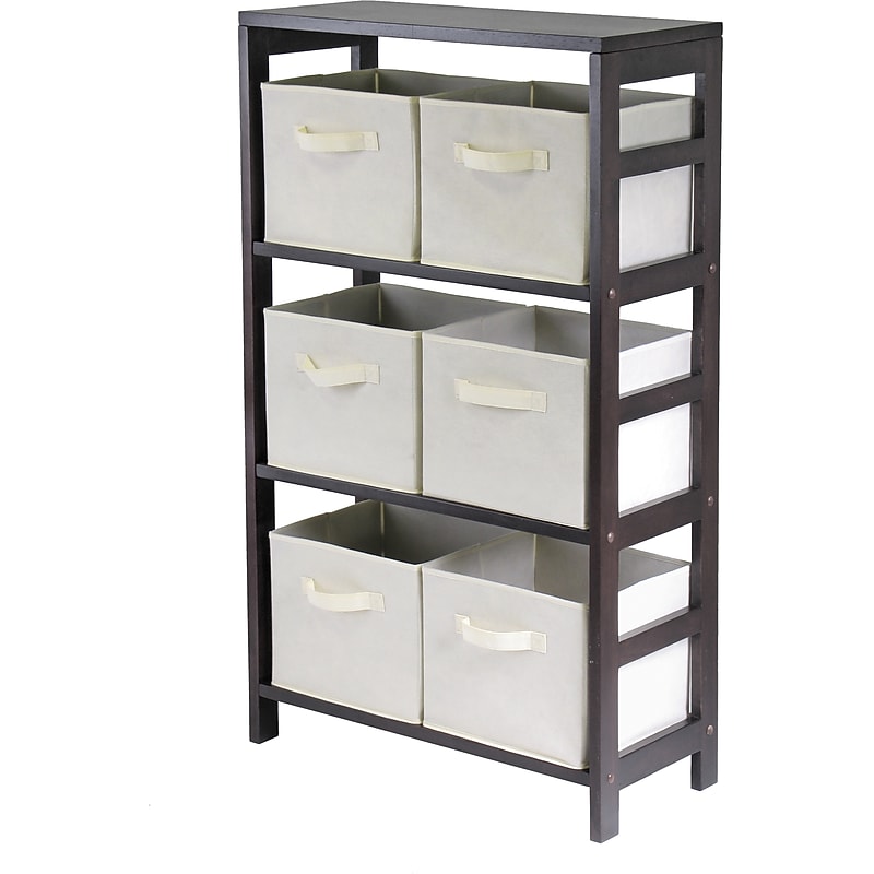 Winsome Capri Wood 3-Section M Storage Shelf With 6 Foldable Fabric Baskets, Espresso/Beige image 1