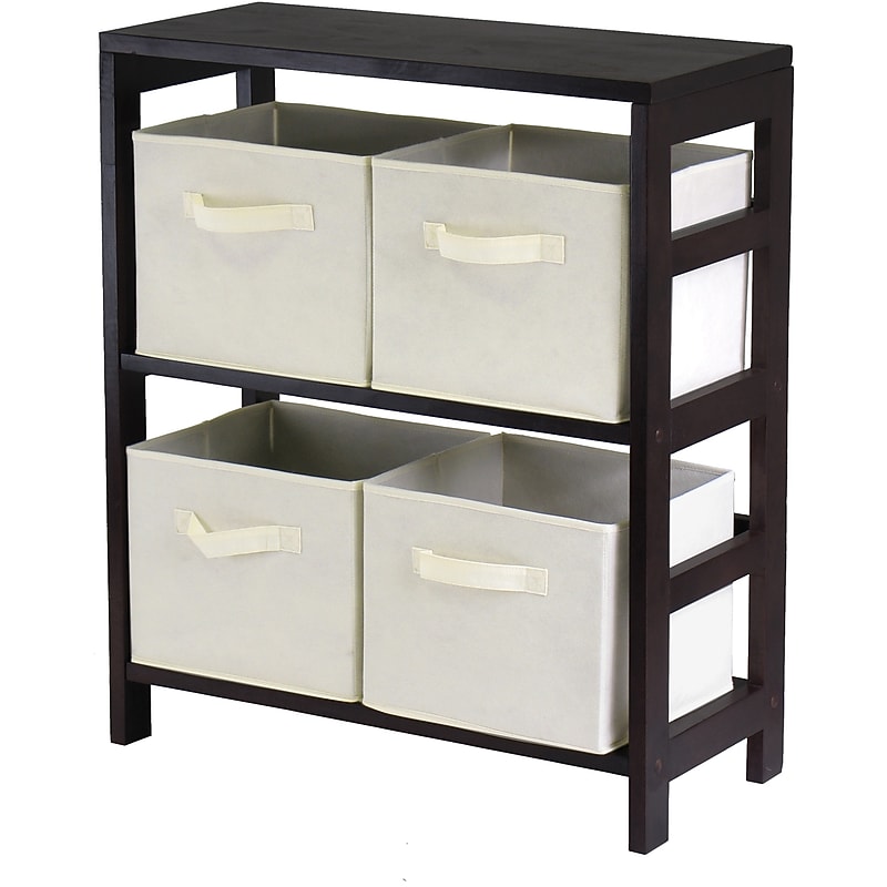 Winsome Capri Wood 2-Section M Storage Shelf With 4 Foldable Fabric Baskets, Espresso/Beige image 1