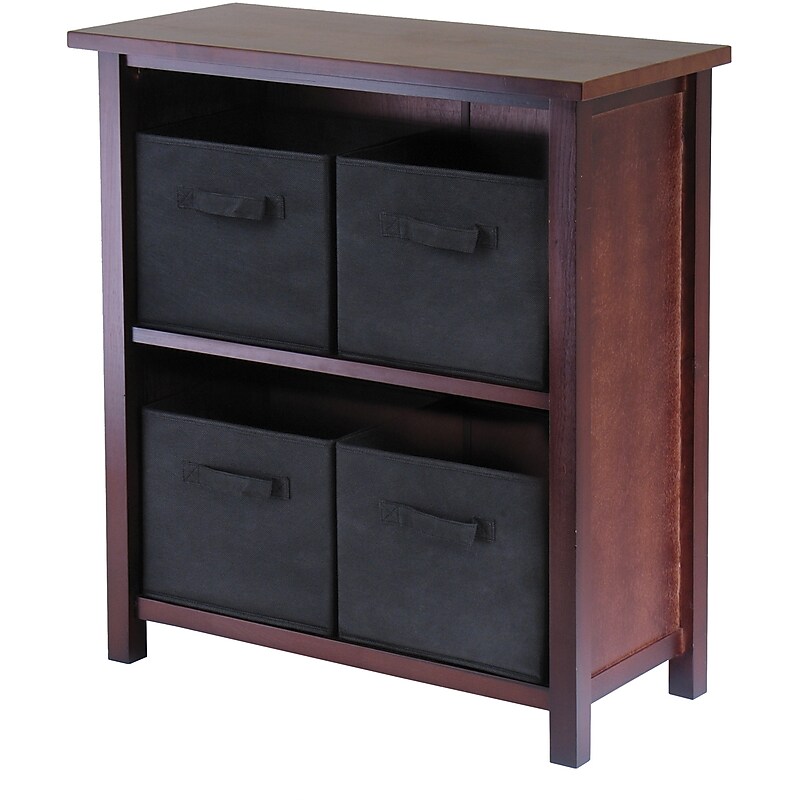 Winsome Verona Wood 2-Section M Storage Shelf With 4 Foldable Fabric Baskets, Walnut/Black image 1