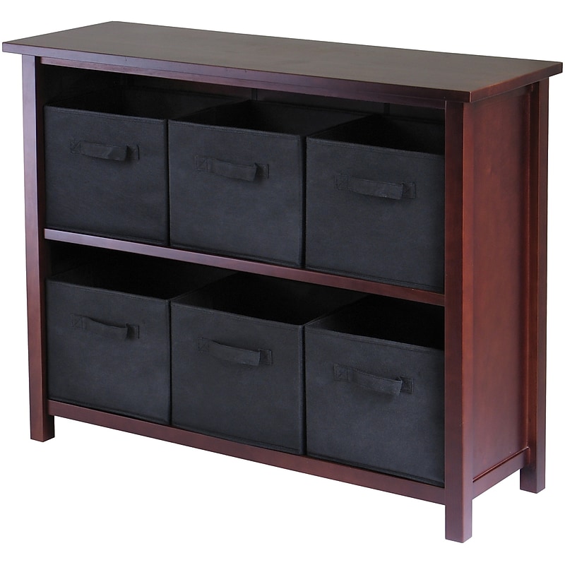 Winsome Verona Wood 2-Section W Storage Shelf With 6 Foldable Fabric Baskets, Walnut image 1