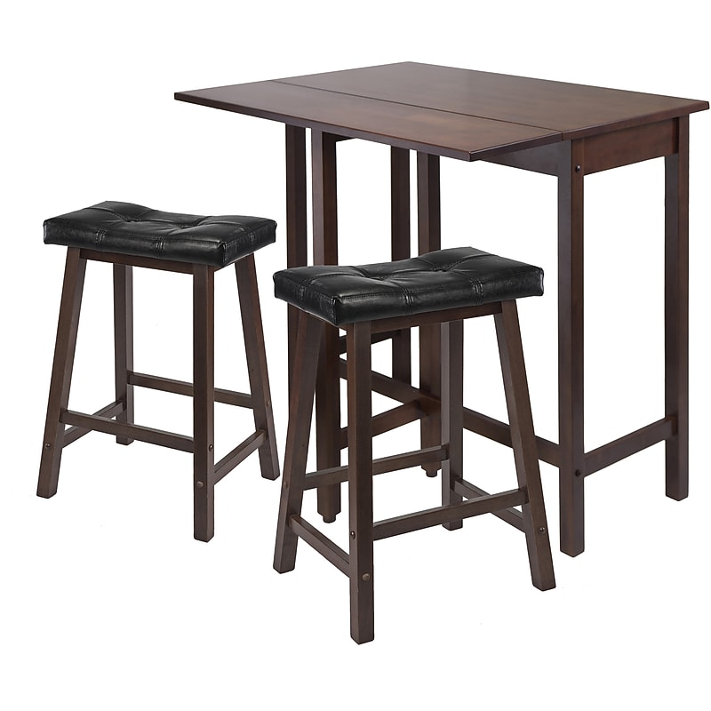 Winsome 35.43" x 39.39" x 30" Lynnwood Drop Leaf Kitchen Table with 2 Cushion Stools, Antique Walnut, 3 Pieces image 1