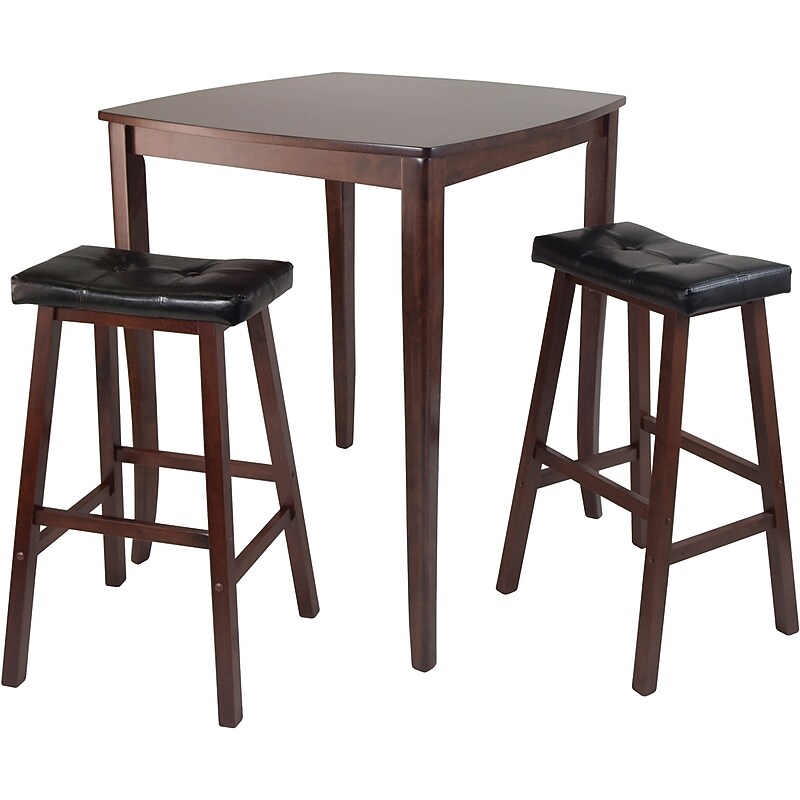Winsome 38.9" x 33.8" Square Inglewood High/Pub Dining Table with 2 Cushion Stools, Antique Walnut, 3 Pieces image 1