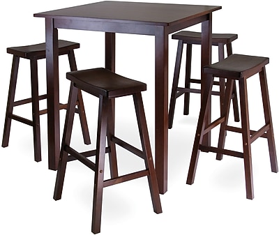 Winsome Parkland 38.98 x 33.86 Wood Square High\/Pub Table With 4 Saddle Seat Stool, Antique Walnut