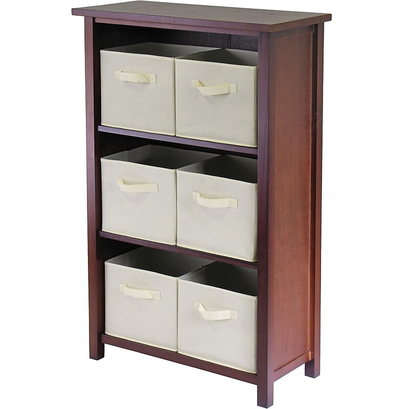 Winsome Verona Wood 3-Section M Storage Shelf With 6 Foldable Fabric Baskets, Walnut/Beige image 1