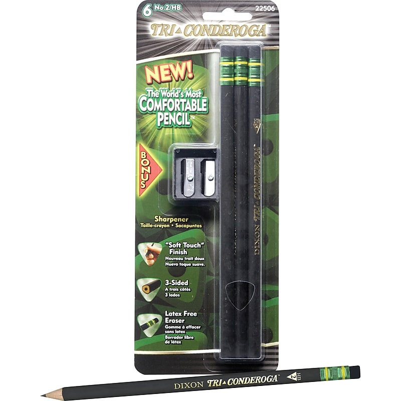 Dixon® Tri-Conderoga® Triangular Black Woodcase Pencils with Bonus Manual Pencils Sharpener, #2 Soft, 6/Pack image 1