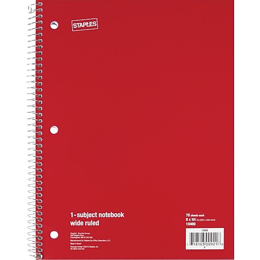 Staples®, 1 Subject Notebook, Wide Ruled, 8" x 101/2", Assorted Colors