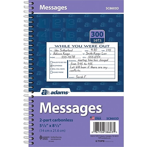 Adams® Telephone Message Book w/Phone Number Dividers Staples