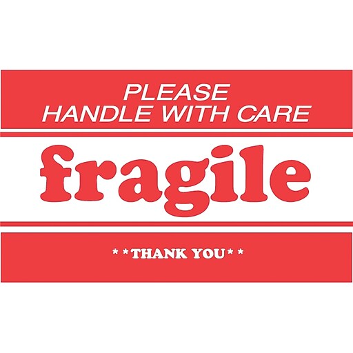 Decker Tape "Fragile/Please Handle with Care/Thank You" Label, 2" x 3", 500/Roll (DL1271B) Staples