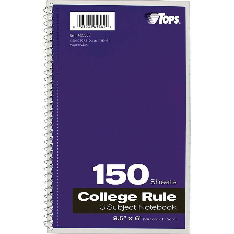 Oxford 3-Subject Notebook, 6" x 9 1/2", College Ruled, 150 Sheets, Assorted Colors, Each (65362) image 1