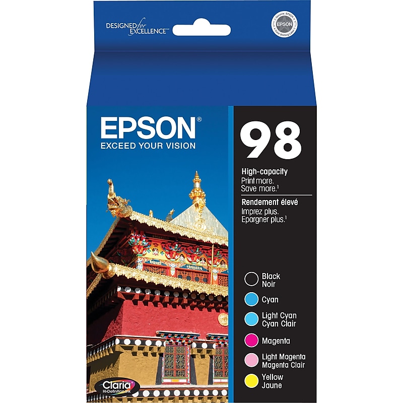 Epson 98 Black/Cyan/Light Cyan/Magenta/Light Magenta/Yellow High Yield Ink Cartridge, 6/Pack image 1