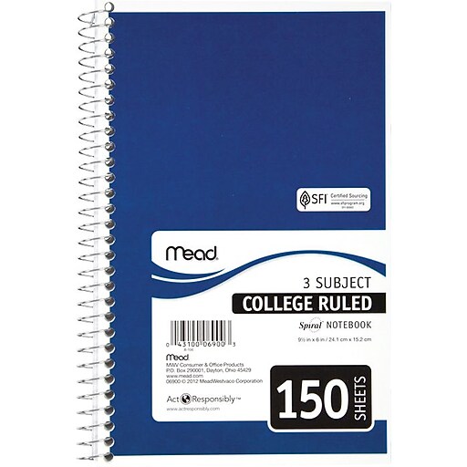 Mead® Spiral® Notebook, 3 Subject, College Ruled, Assorted Colors