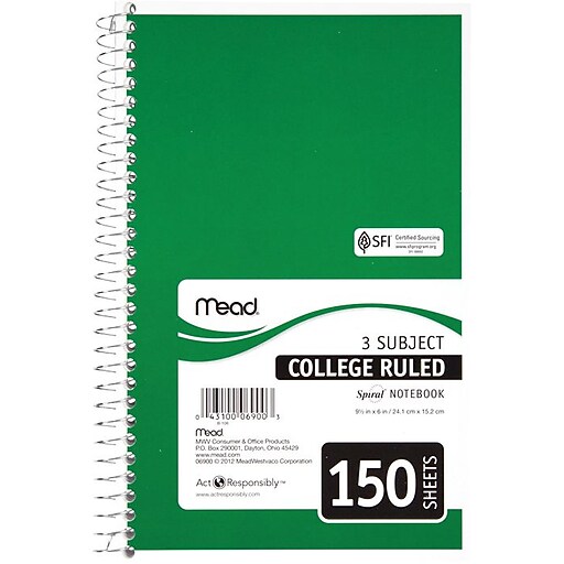 Mead® Spiral® Notebook, 3 Subject, College Ruled, Assorted Colors