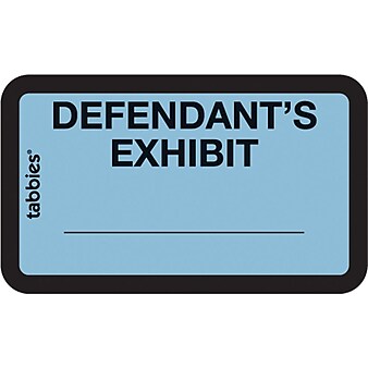 Tabbies Pre-Printed Labels - Defendant's Exhibit, Self-Adhesive, 1x1-5/8", Blue, 252 Labels/Pack (58093)