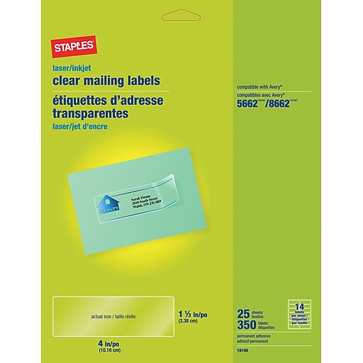 Staples 1 1/3" x 4" Inkjet/Laser Address Labels, Clear, 350/Box (18106