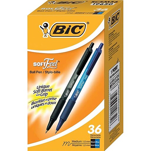 BIC® Soft Feel® Retractable Ballpoint Pens, Medium Point, Black & Blue