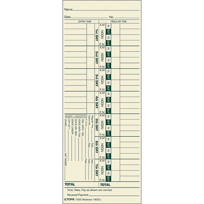 TOPS Weekly Time Cards - Named Days, 9" x 3 1/2", 500/Bx (TOP1252) image 1