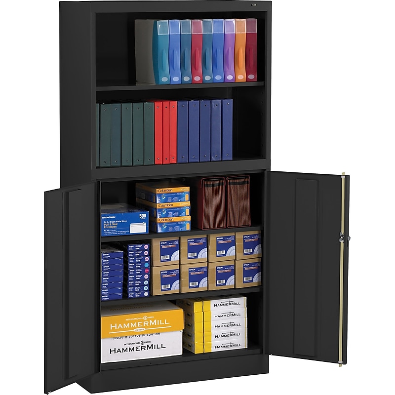 Tennsco Combination Bookcase and Cabinet, Black, 6-Shelf, 1 Closet, 72"H image 1