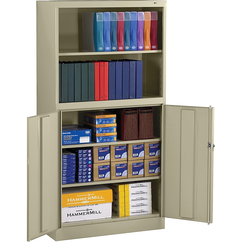 Tennsco Combination Bookcase and Cabinet, Putty, 6-Shelf, 1 Closet, 72"H image 1