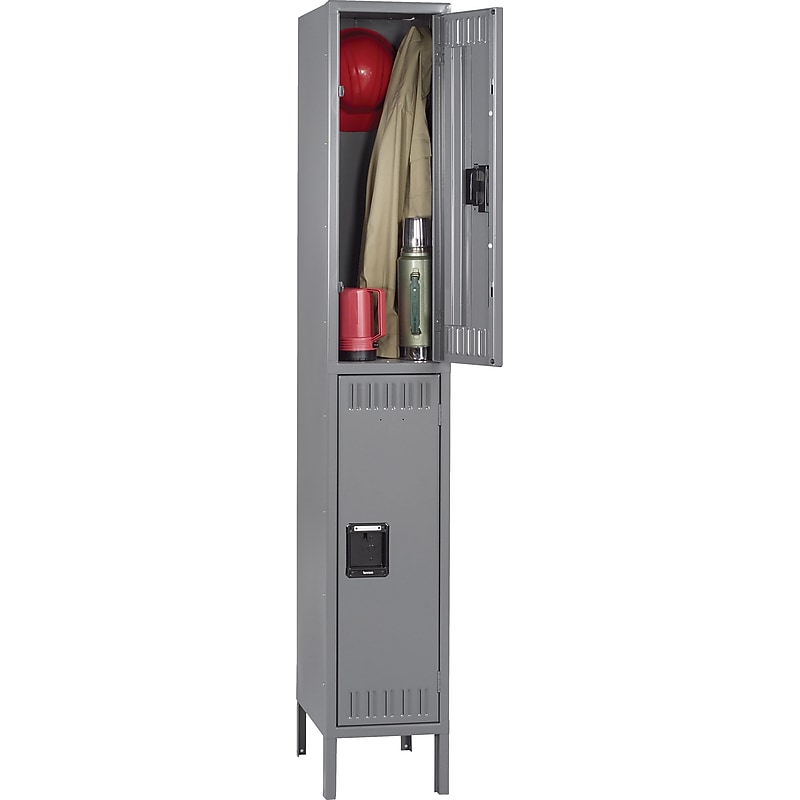 Tennsco Double Tier Locker with Legs, Single Unit, 2 Lockers, Medium Grey, 78"H x 12"W x 12"D image 1