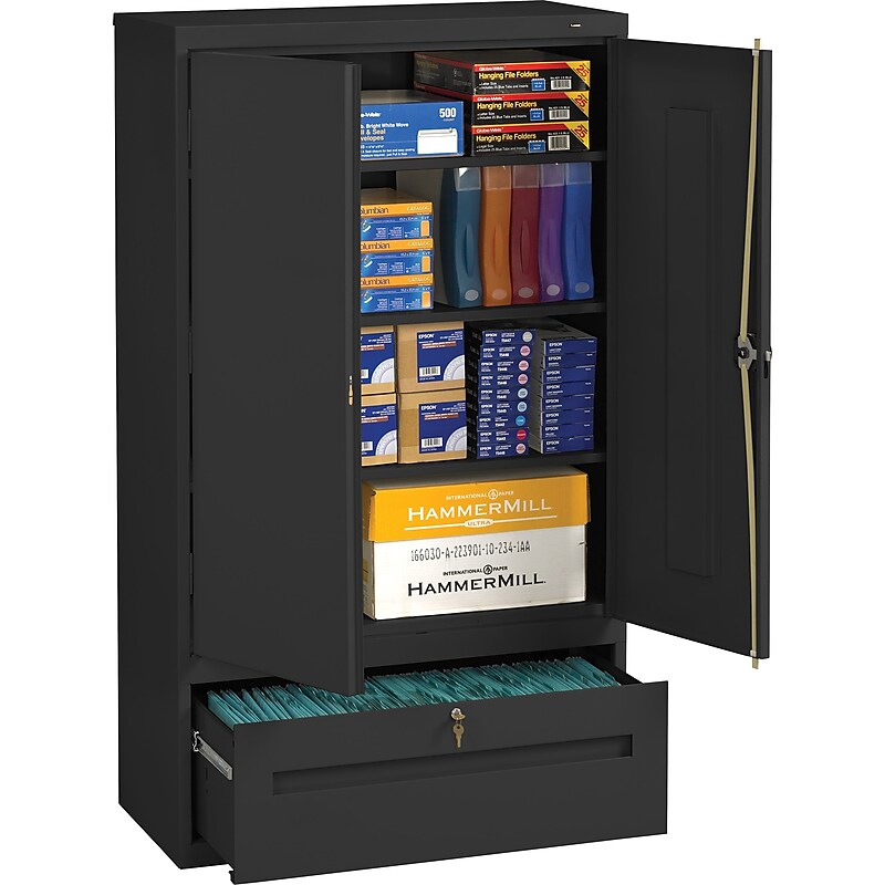 Tennsco Storage Cabinet with Lateral Drawer, 4-Shelf, 1-Drawer, Black, 66"H x 36"W x 18"D image 1