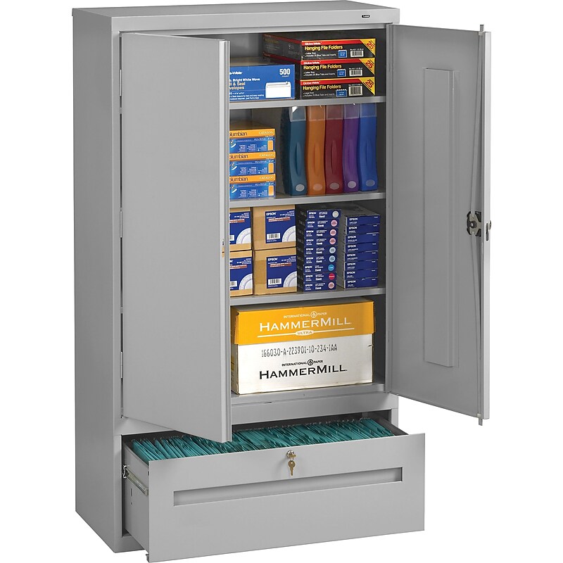 Tennsco Storage Cabinet with Lateral Drawer, 4-Shelf, 1-Drawer, Light Grey, 66"H x 36"W x 18"D image 1