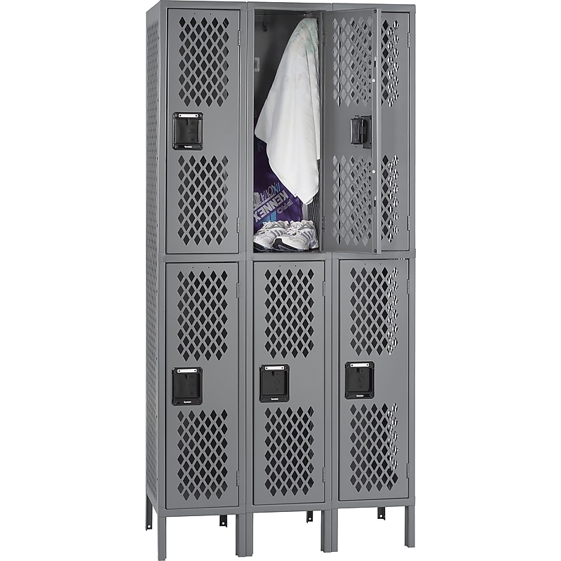 Tennsco Ventilated Double Tier Box Locker with Legs, 3 Unit, 6 Lockers, Medium Grey, 78"H x 36"W x 18"D image 1
