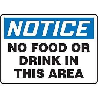 Accuform Signs® 10" x 14" Plastic Housekeeping Sign "NOTICE NO FOOD..", Blue/Black On White