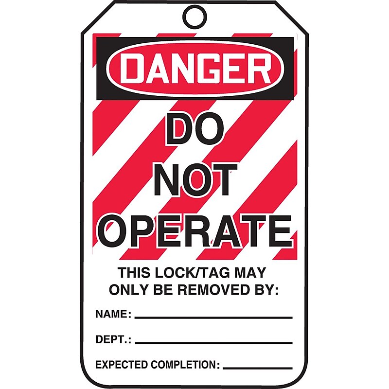 Accuform 5 3/4" x 3 1/4" PF-Cardstock Lockout Tag "DANGER..OPERATE", Red/Black On White, 25/Pack (MLT400CTP) image 1