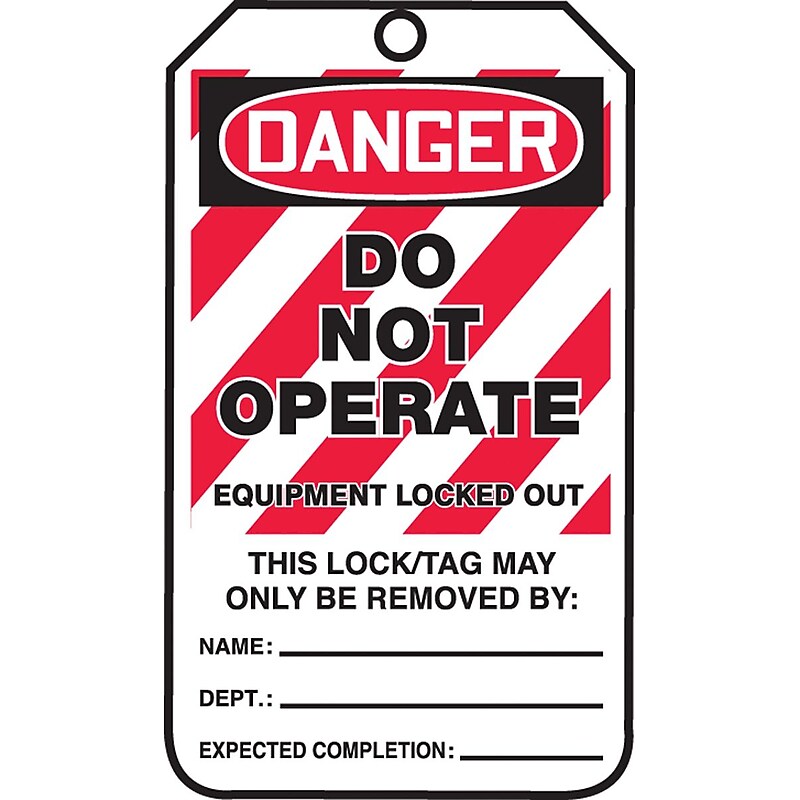 Accuform 5 3/4" x 3 1/4" RP-Plastic Lockout Tag "DANGER..LOCKED OUT", Red/Black On White, 25/Pack (MLT405PTP) image 1
