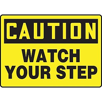Accuform Signs® 7" x 10" Adhesive Vinyl Fall Arrest Sign "CAUTION Watch Your Step", Black On Yellow