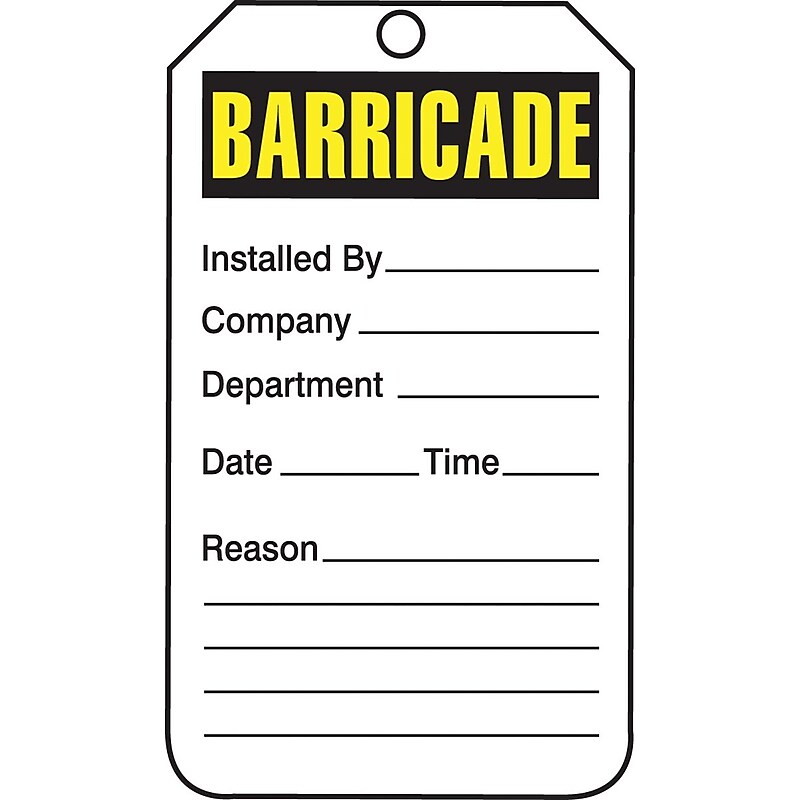 Accuform 5 3/4" x 3 1/4" PF-Cardstock Barricade Tag "BARRICADE", Yellow/Black On White, 25/Pack (TAB101CTP) image 1