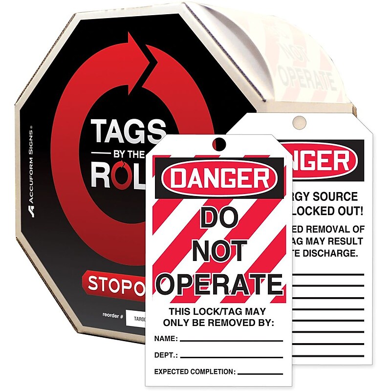 Accuform Tags By-The-Roll 6 1/4" x 3" Lockout Tag "DANGER..", Black/Red On White (TAR114) image 1