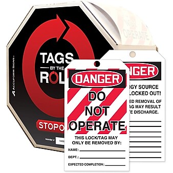 Accuform Signs Tags By-The-Roll 6 1/4" x 3" Lockout Tag "DANGER..", Black/Red On White (TAR114)