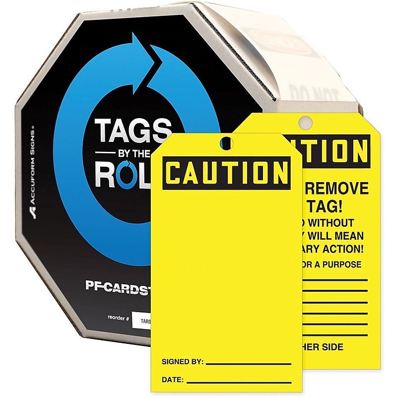 Accuform 6 1/4" x 3" Cardstock Tags By-The-Roll " CAUTION..", Black On Yellow, 100/Roll (TAR134) image 1