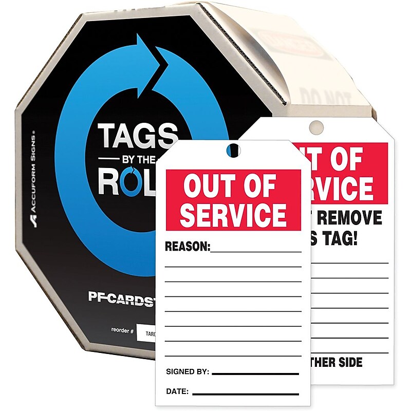 Accuform 6 1/4" x 3" PF-Cardstock Tags By-The-Roll "OUT..", Red/Black On White, 250/Roll (TAR730) image 1