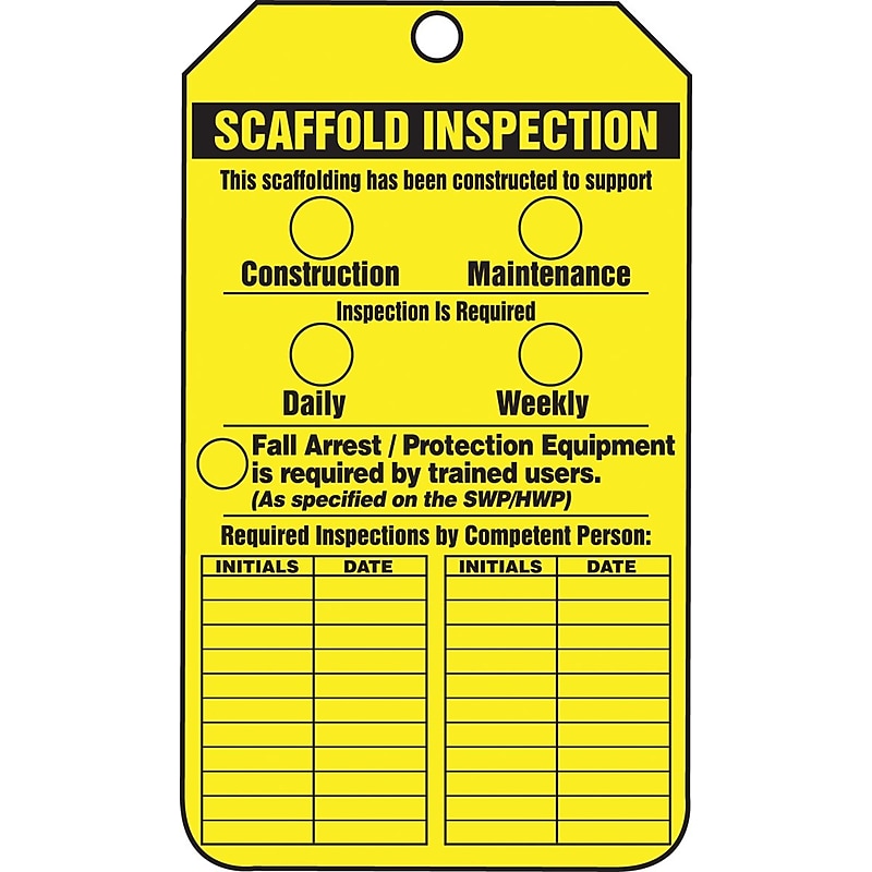 Accuform 5 3/4" x 3 1/4" RP-Plastic Safety Tags "SCAFFOLD..", Black On Yellow, 25/Pack (TRS318PTP) image 1