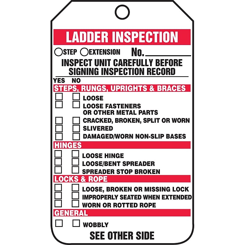 Accuform 5 3/4" x 3 1/4" PF-Cardstock Ladder Status Tag "LADDER..", Red/Black On White, 25/Pack (TRS340CTP) image 1