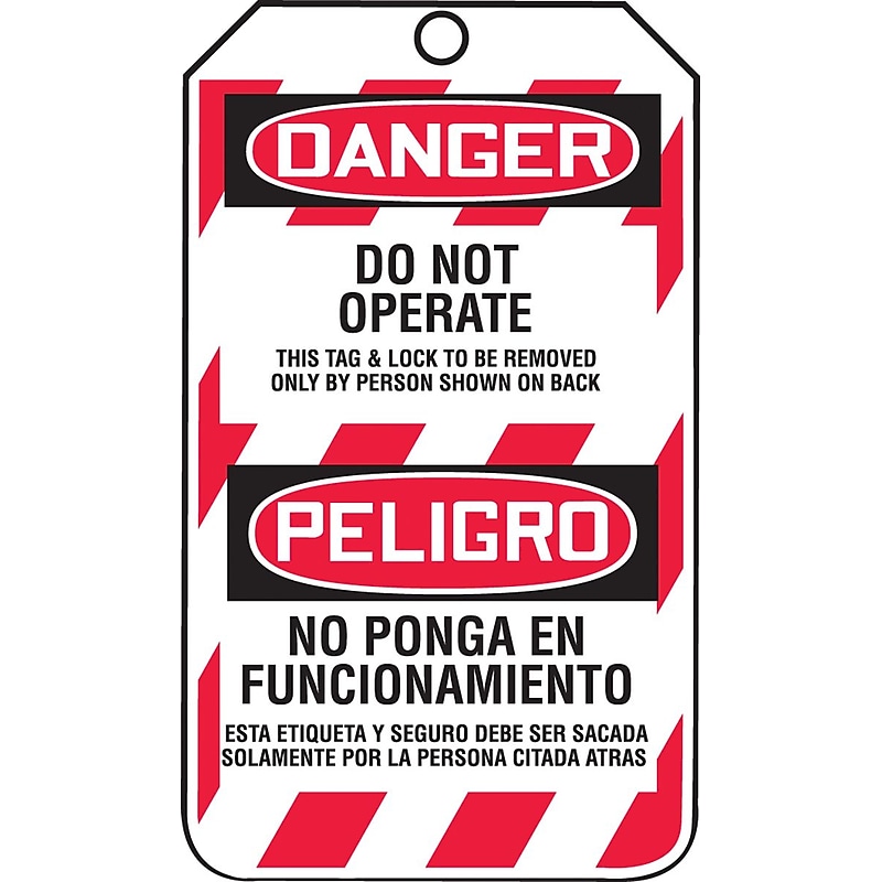 Accuform 5 3/4" x 3 1/4" RP-Plastic Bilingual Lockout Tag "DANGER DO..", Red/Black On White, 25/Pack (TSP101PTP) image 1
