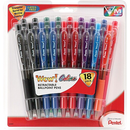 Pentel WOW! Retractable Ballpoint Pens, Medium Point, Assorted Ink, 18