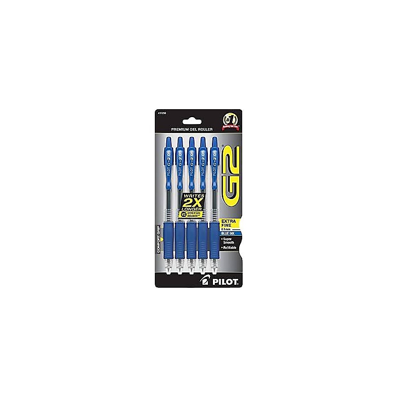 Pilot G2 Rollerball Gel Pen, Extra Fine Point, 0.5mm, Blue Ink, 5/Pack (31298) image 1